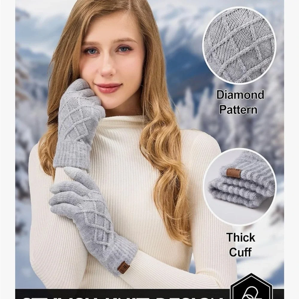 2 Pairs Winter gloves for women Touch screen Elastic Thermal knit Lining